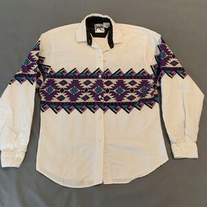 Roper Shirt Woman’s Small White Aztec Western Long Sleeve Button Front Vintage